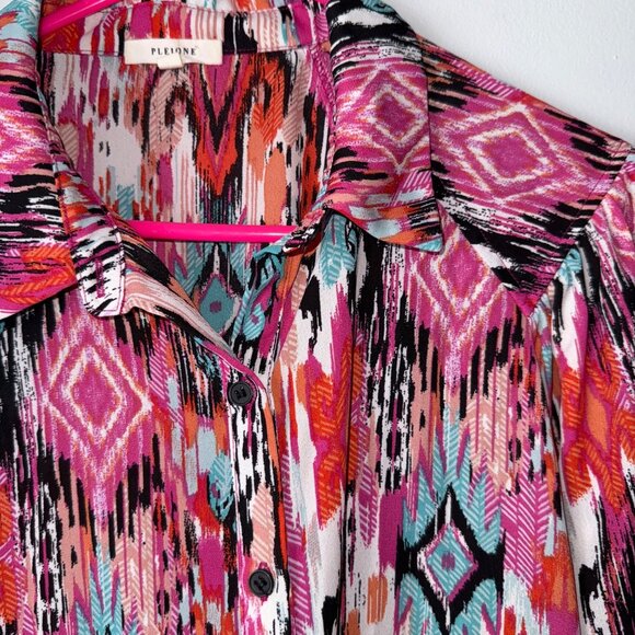 Pleione Womens Long Sleeve Collared Blouse Size L Multicolor Geometric Print - Picture 3 of 7